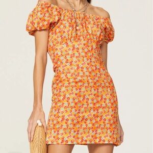 Caroline Constas Women's Floral Calla Mini Dress Puff Sleeves Orange Size S